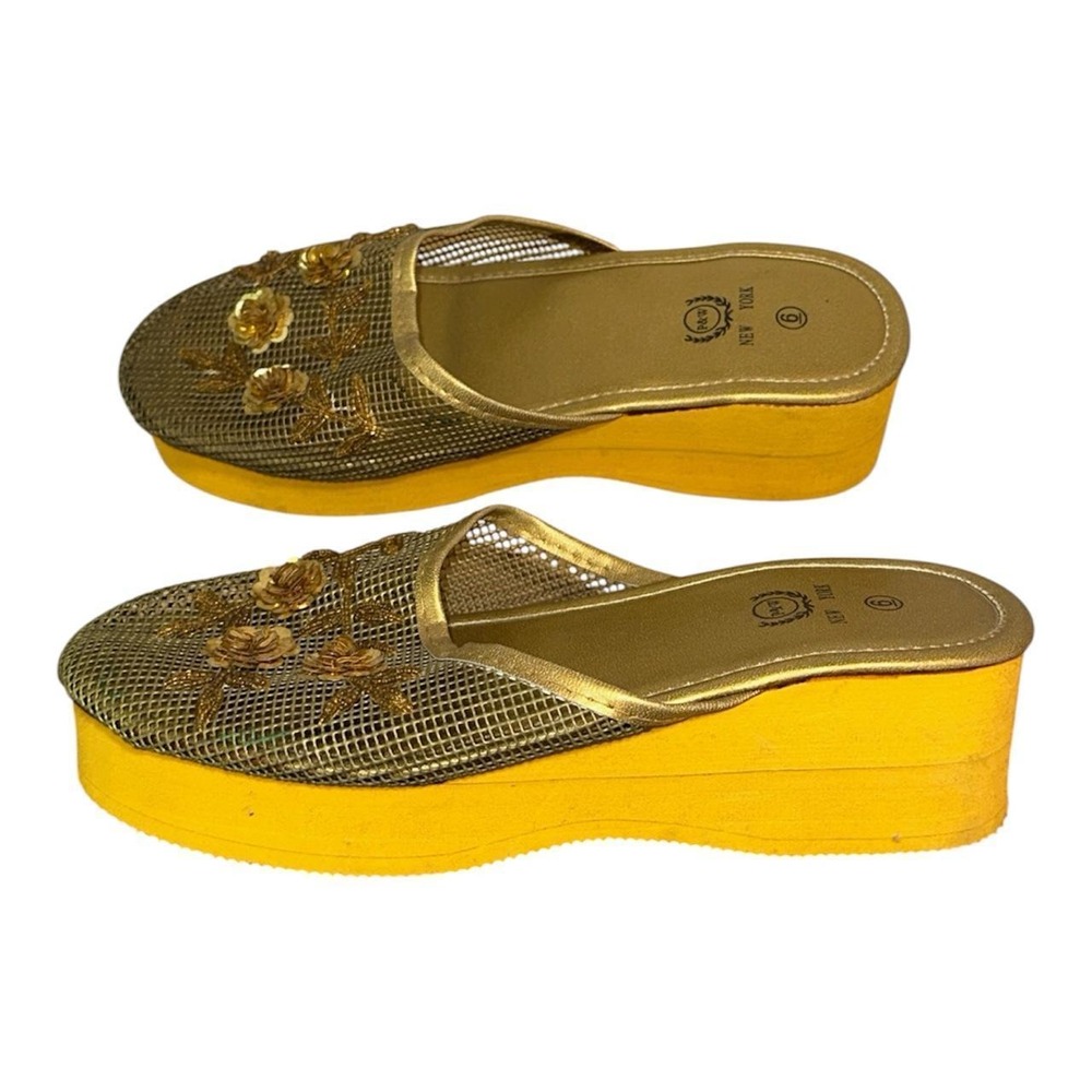 P&W New York Platform Slides Women 6 Gold Yellow Excellent Mesh Sequin Y2K Wedge